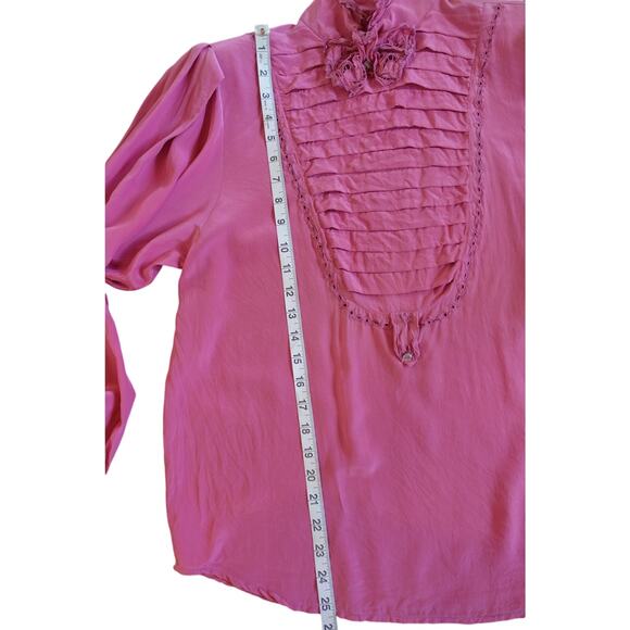 Vintage 80s Shirt Womens 6 Pink Silk Eyelet Bow Coquette Romantic Girly Top - Picture 10 of 12